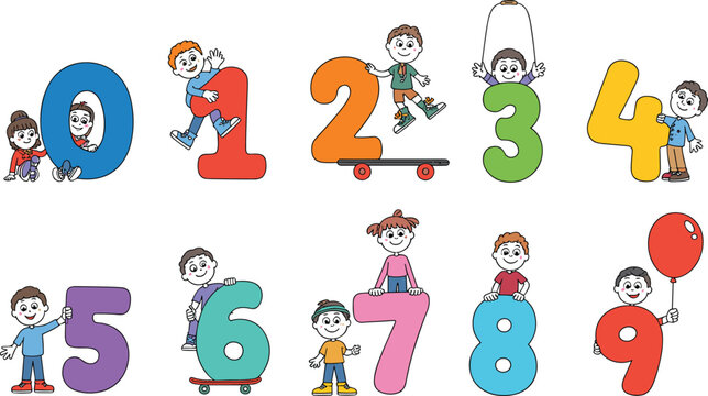 Playful children interacting with colorful numeral shapes during playful learning activities against a white background
