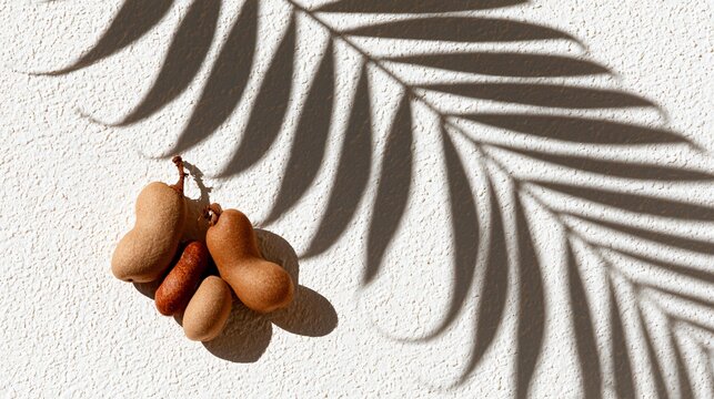 A botanical composition featuring tamarind fruit on white stucco crossed by soft palm leaf shadows