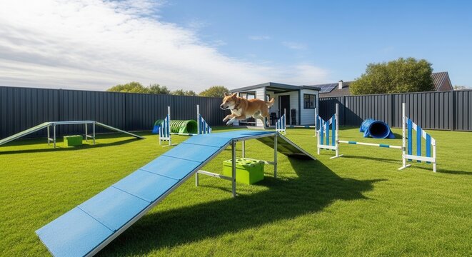 Dog Agility Training Course On A Sunny Day With A Dog Jumping