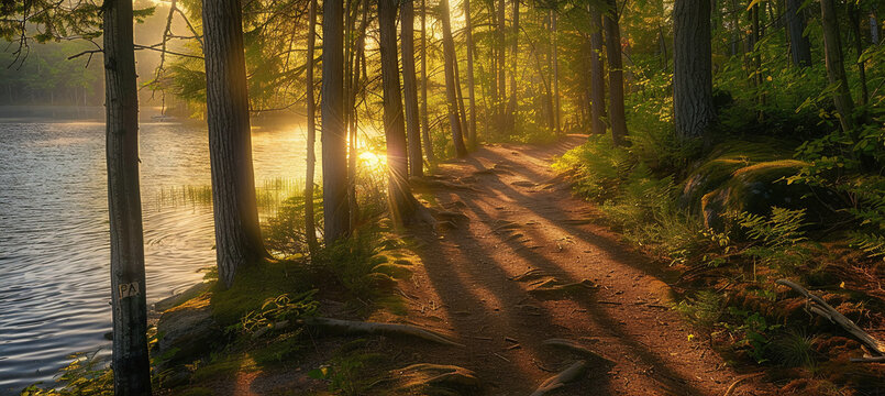 Sunlight filters through tall trees onto a serene forest trail winding beside a calm lake during early morning hours, casting long shadows and creating a peaceful and natural outdoor wilderness scener