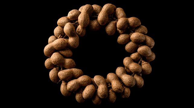 A circular arrangement where tamarind fruit forms a decorative ring around empty center copy space designed for commercial advertising