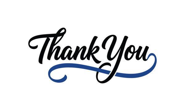 Elegant black and blue handwritten calligraphy thank you text isolated on a clean white background for design projects