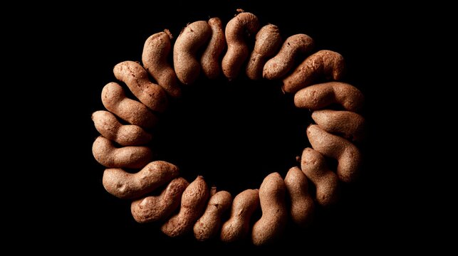 A circular arrangement where tamarind fruit forms a decorative ring around empty center copy space designed for commercial advertising