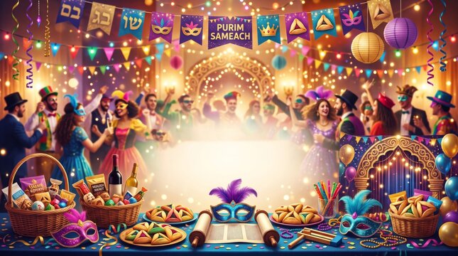 Colorful Purim Celebration Party with Masks and Festive Decorations