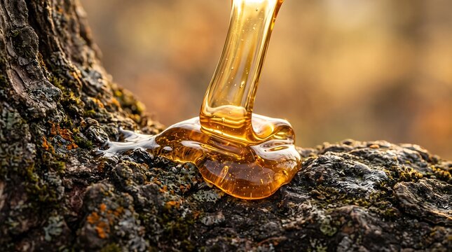 Golden resin flowing down rough tree bark during sunset in peaceful forest setting creating beautiful natural highlights and organic textures in macro photography shot.