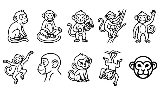 Cute Monkey Character Symbols Black and White Outline Vector Collection