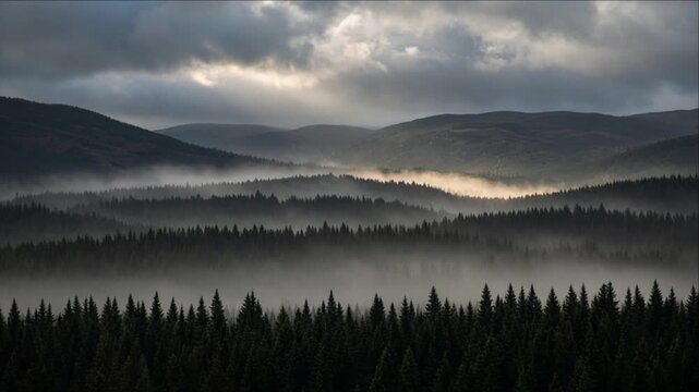 Cinematic rural field timelapse background featuring misty forest, layered mountain ridge, rolling peaks, dramatic clouds, soft golden light, serene wilderness landscape, tranquil scenic atmosphere