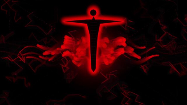 A dynamic T-pose silhouette discharges high-velocity crimson ink splatters and vector scribbles on a black background. This seamless looping kinetic motion graphic is ideal for cyber, sci-fi promos, V