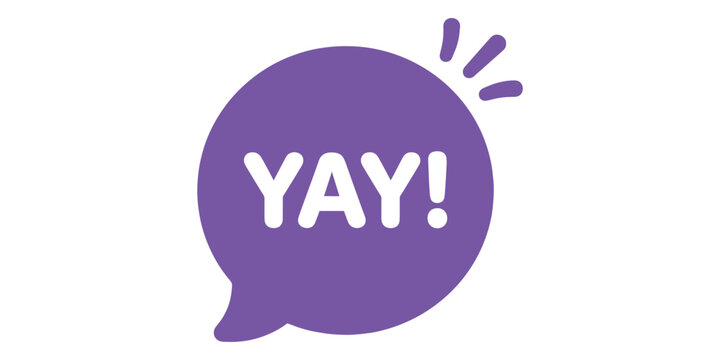 Purple speech bubble icon with the word yay written in white letters isolated on white background