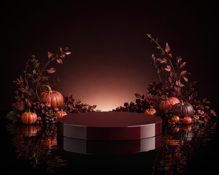 Burgundy Halloween Beauty Podium with Luxury Autumn Styling
