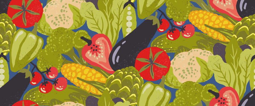 Seamless pattern with abstract vegetables on blue grid. Trendy aesthetic farmer market background. Hand drawn vector illustration. Fresh, vibrant, vegetarian organic wallpaper