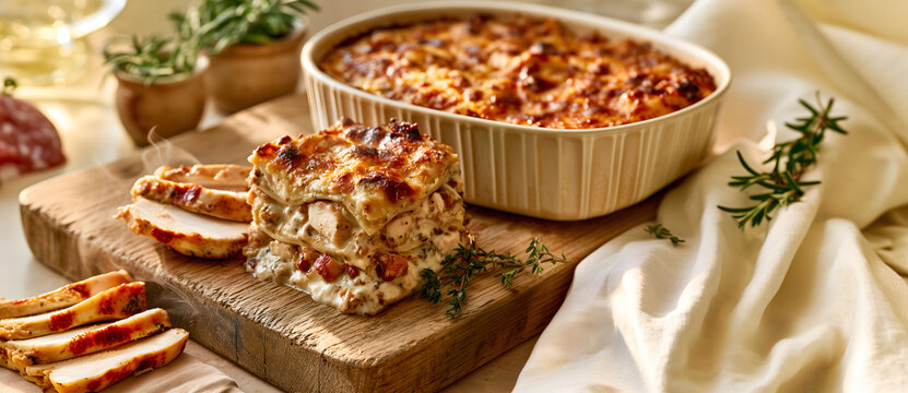 Creative food Concept. Freshly baked lasagna with large pieces of tender chicken, rich creamy sauce and cheese, thyme sprig on warm sunlight linen cloth wooden block. copy text space.