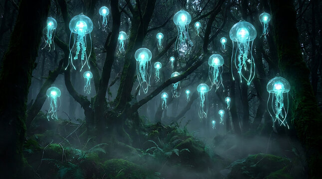 Enchanted Forest Glowing Jellyfish: A mystical forest scene illuminated by numerous bioluminescent jellyfish hanging from trees, creating an ethereal and magical atmosphere.