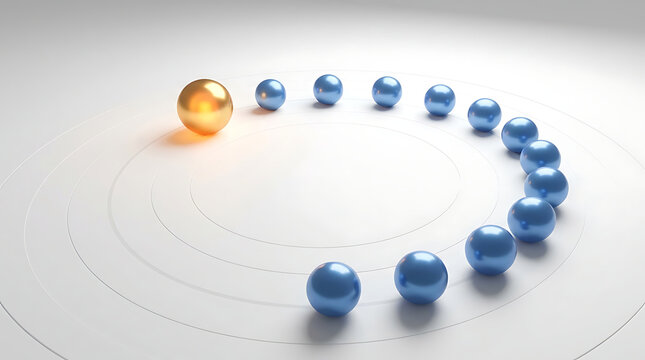 Leadership and Following: A single golden sphere leads a circular formation of blue spheres, symbolizing leadership, guidance, and group unity.
