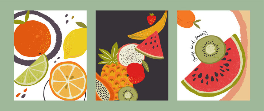 Set of three cards or posters with vector fruit illustrations. Trendy aesthetic farmer market background