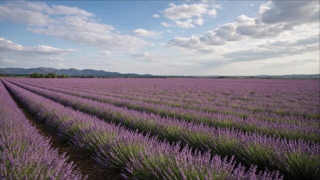 Lavender Field Rural Cinematic Timelapse Background with Purple Flower Rows, Agricultural Landscape, Parallel Patterns, Distant Mountain Hills and Textured Cloudy Sky for Peaceful Nature Scenery
