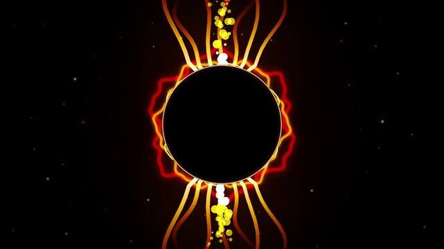 Circular neon light tunnel with golden symbols glowing in dark