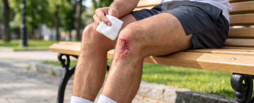 Man cleaning deep abrasion on knee while sitting on a park bench  