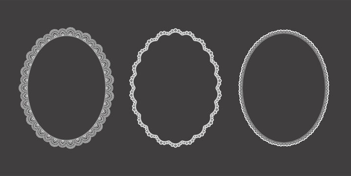 Vector set of Vintage lace oval frames with ornate floral details. Decorative hand-drawn romantic borders. Design for wedding invitations, valentine cards, love branding, stationery