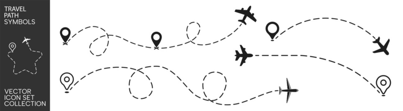 Travel path icon set with airplanes, map pins and dashed routes on transparent background