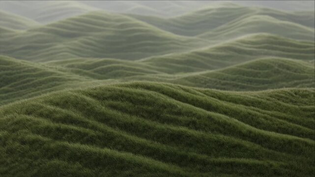 Cinematic Rural Field Timelapse Background with Layered Green Grass Hills, Rolling Landscape, Soft Morning Mist, Natural Texture, Peaceful Nature Scenery, Atmospheric Depth, Tranquil Design