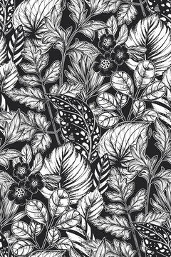 Vector seamless pattern with beautiful hand drawn black and white unusual blooming flowers on black background