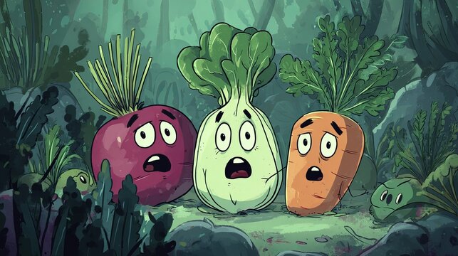 A group of cartoon vegetables with shocked expressions standing in a garden surrounded by greenery.
