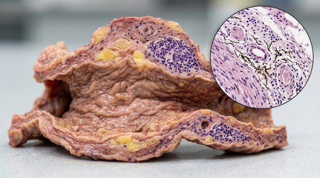 Venereal bacterium infection: syphilis disease, Treponema pallidum, pathology specimen, microscopic view, tissue biopsy, gummatous lesion, spiral organism, cellular analysis.