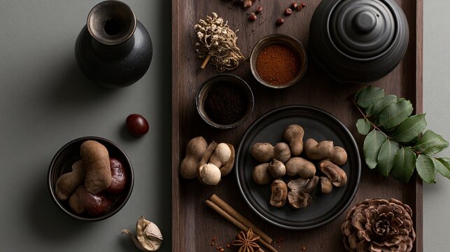 A luxury culinary magazine-inspired composition featuring asymmetrical placement of tamarind fruit and refined styling