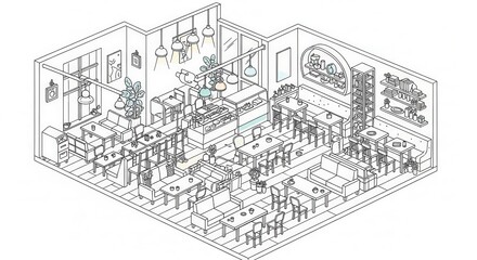 Fototapeta premium Cozy Isometric Cafe Interior Design Sketch With Seating And Counter Area