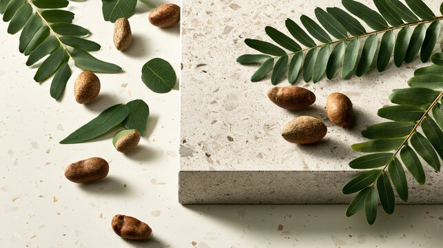 A modern editorial composition on pale terrazzo featuring geometric placement of tamarind fruit and fresh tropical leaves