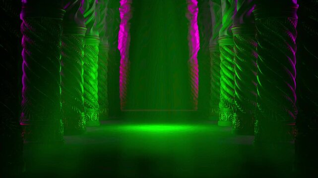 Dark Neon Green and Purple Motion Background of Carved Gothic Columns with Center Light