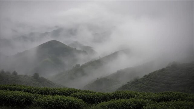 Cinematic Rural Tea Field Timelapse Background, Misty Mountain Landscape, Layered Green Hills, Agricultural Plantation Rows, Drifting Clouds, Serene Atmospheric Valley Scene