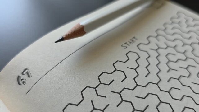 Close-up of a pencil and printed puzzle in an activity book. Educational brain teaser representing logical thinking, problem solving, concentration, mental exercise and relaxing screen-free entertainm