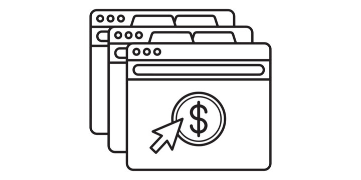 Line icon of pay per click marketing strategy with multiple web browser windows and a dollar sign cursor