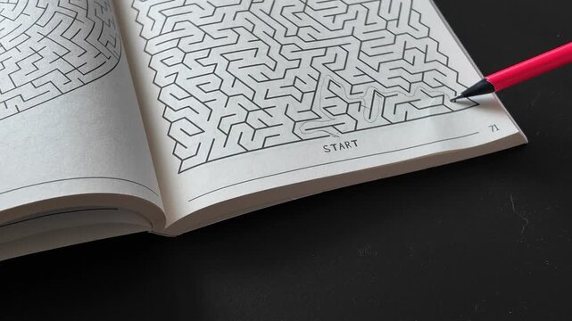 Open puzzle book displaying a detailed printed maze with a pencil nearby. Classic labyrinth activity representing logical thinking, problem solving, concentration, brain exercise and relaxing screen-f