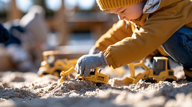 Rear view of children playing with toy trucks and diggers in a bright outdoor sandbox during winter faceless composition winter play toy trucks diggers sandbox childhood outdoor