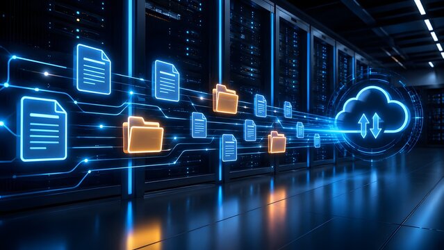 Cloud computing concept with data transfer between glowing digital files, folders, and server racks in a modern data center