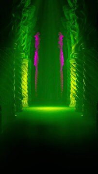3D Render of Empty Stage Framed by Gothic Pillars Under Green and Purple Spotlight