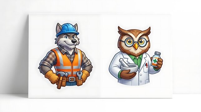 Anthropomorphic wolf worker and owl doctor character mascots.