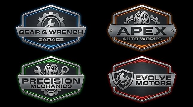 Automotive garage and mechanic shield logo collection.