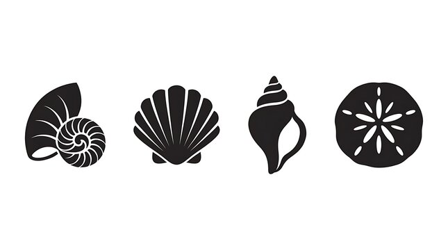 Black seashell and marine life silhouette icon collection