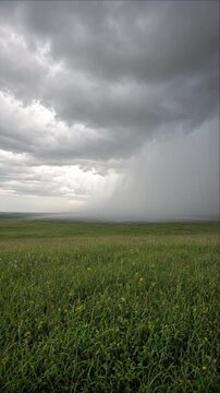 Cinematic Rural Field Timelapse Background with Dramatic Storm Cloud, Distant Rainfall, Green Meadow Grass, Moody Atmospheric Landscape, Natural Weather Scene, Scenic Countryside View