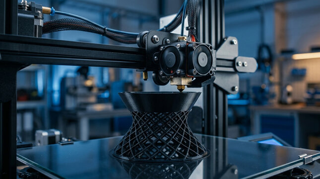 3D Printer Creating Intricate Black Object in Workshop - Advanced Manufacturing