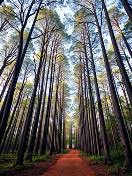 Tall forest trees lining a winding dirt path