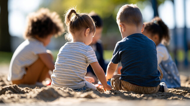 Rear view of a diverse group of children sharing toys and playing together in a bright sunny park sandbox faceless composition sharing toys childhood friendship diverse children