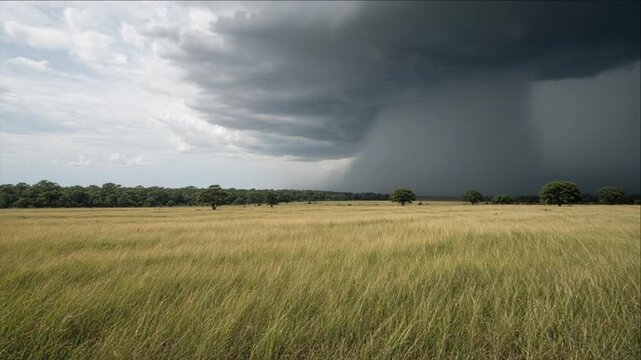 Cinematic Rural Field Timelapse Background Golden Grass Dramatic Storm Cloud Distant Rain Curtain Tree Line Atmospheric Natural Landscape Scenery Powerful Open Country View