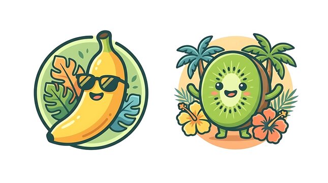 Cartoon banana and kiwi fruit characters.