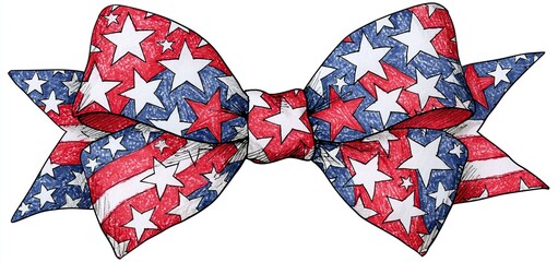 Naklejka premium A vibrant red, white, and blue ribbon bow adorned with stars and stripes for national holiday celebrations.