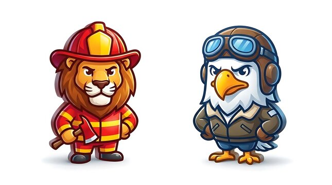 Cartoon lion firefighter and eagle pilot character set